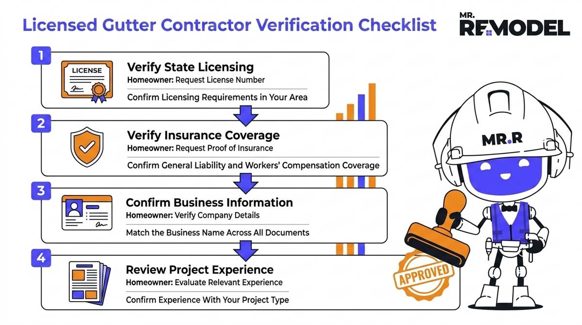 Contractor verification flowchart showing four steps homeowners should complete before hiring a gutter contractor.